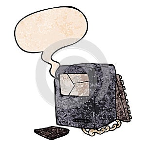 A creative cartoon broken old computer and speech bubble in retro texture style