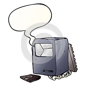 A creative cartoon broken old computer and speech bubble in smooth gradient style