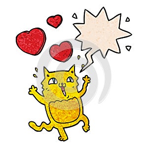 A creative cartoon cat crazy in love and speech bubble in retro texture style