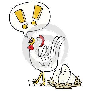 A creative cartoon chicken laying egg and speech bubble