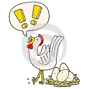 A creative cartoon chicken laying egg and speech bubble in comic book style