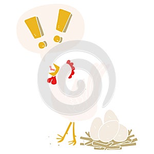 A creative cartoon chicken laying egg and speech bubble in retro style