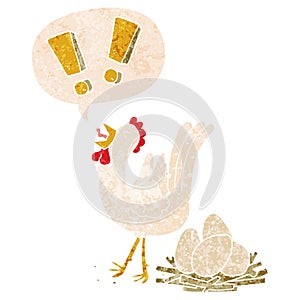 A creative cartoon chicken laying egg and speech bubble in retro textured style