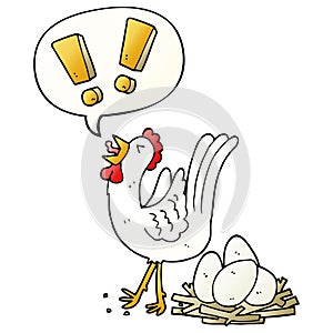 A creative cartoon chicken laying egg and speech bubble in smooth gradient style