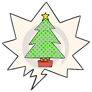 A creative cartoon christmas tree and speech bubble in comic book style