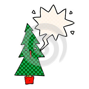 A creative cartoon christmas tree and speech bubble in comic book style