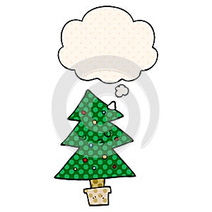A creative cartoon christmas tree and thought bubble in comic book style