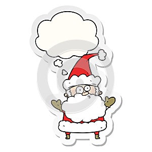 A creative cartoon confused santa claus and thought bubble as a printed sticker