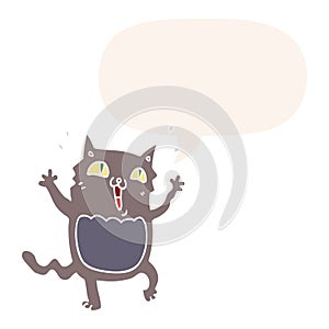 A creative cartoon crazy excited cat and speech bubble in retro style