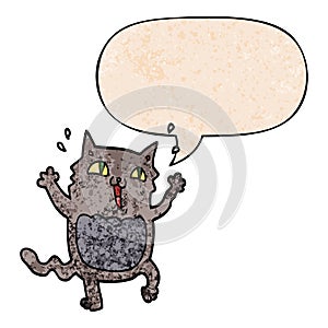 A creative cartoon crazy excited cat and speech bubble in retro texture style