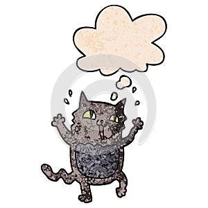A creative cartoon crazy excited cat and thought bubble in grunge texture pattern style