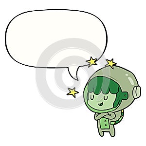 A creative cartoon female future astronaut in space suit and speech bubble