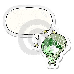 A creative cartoon female future astronaut in space suit and speech bubble distressed sticker
