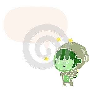 A creative cartoon female future astronaut in space suit and speech bubble in retro style