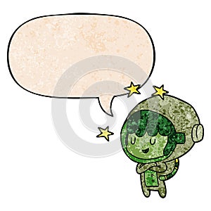 A creative cartoon female future astronaut in space suit and speech bubble in retro texture style