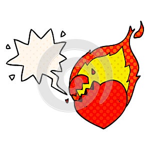 A creative cartoon flaming heart and speech bubble in comic book style