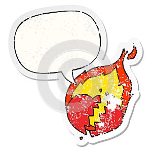 A creative cartoon flaming heart and speech bubble distressed sticker