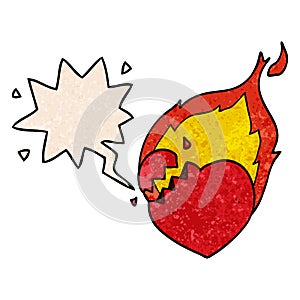 A creative cartoon flaming heart and speech bubble in retro texture style