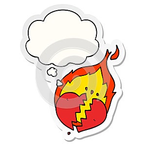 A creative cartoon flaming heart and thought bubble as a printed sticker