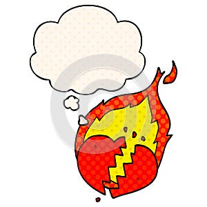 A creative cartoon flaming heart and thought bubble in comic book style