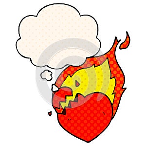 A creative cartoon flaming heart and thought bubble in comic book style