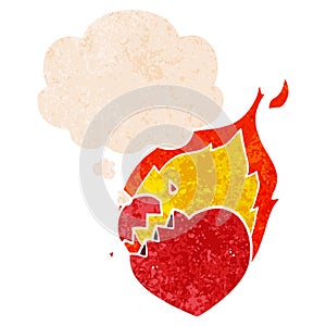 A creative cartoon flaming heart and thought bubble in retro textured style