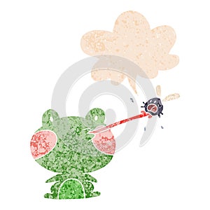 A creative cartoon frog catching fly and speech bubble in retro textured style