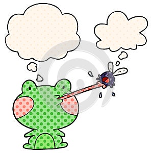 A creative cartoon frog catching fly and thought bubble in comic book style