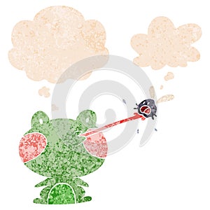 A creative cartoon frog catching fly and thought bubble in retro textured style