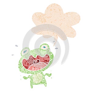 A creative cartoon frog frightened and speech bubble in retro textured style