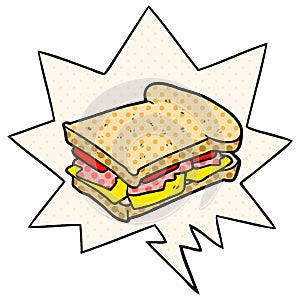 A creative cartoon ham cheese tomato sandwich and speech bubble in comic book style