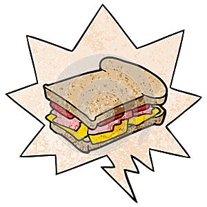 A creative cartoon ham cheese tomato sandwich and speech bubble in retro texture style