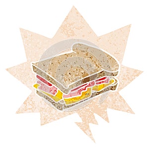 A creative cartoon ham sandwich and speech bubble in retro textured style