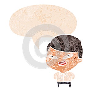 A creative cartoon happy business man and speech bubble in retro textured style