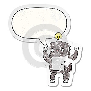 A creative cartoon happy robot and speech bubble distressed sticker