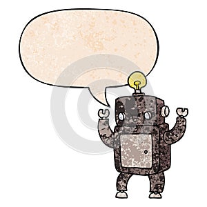 A creative cartoon happy robot and speech bubble in retro texture style
