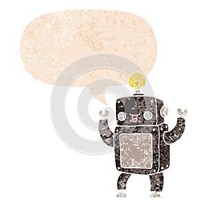 A creative cartoon happy robot and speech bubble in retro textured style