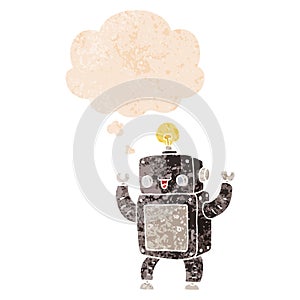 A creative cartoon happy robot and thought bubble in retro textured style