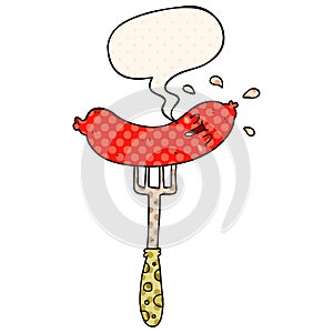 A creative cartoon happy sausage on fork and speech bubble in comic book style