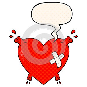 A creative cartoon heart squirting blood and speech bubble in comic book style