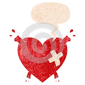A creative cartoon heart squirting blood and speech bubble in retro textured style