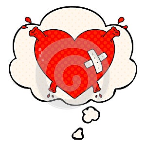 A creative cartoon heart squirting blood and thought bubble in comic book style