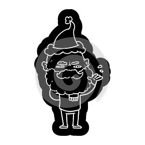 A creative cartoon icon of a dismissive man with beard frowning wearing santa hat