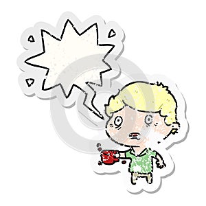 A creative cartoon man jittery from drinking too much coffee and speech bubble distressed sticker