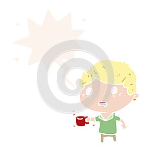 A creative cartoon man jittery from drinking too much coffee and speech bubble in retro style