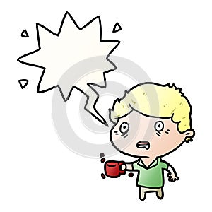 A creative cartoon man jittery from drinking too much coffee and speech bubble in smooth gradient style
