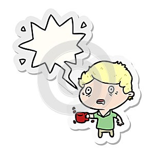 A creative cartoon man jittery from drinking too much coffee and speech bubble sticker