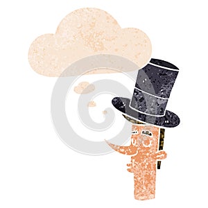 A creative cartoon man wearing top hat and thought bubble in retro textured style