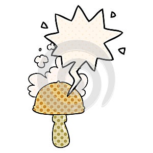 A creative cartoon mushroom and spore cloud and speech bubble in comic book style