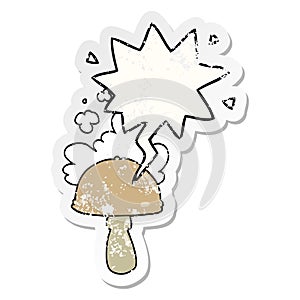 A creative cartoon mushroom and spore cloud and speech bubble distressed sticker